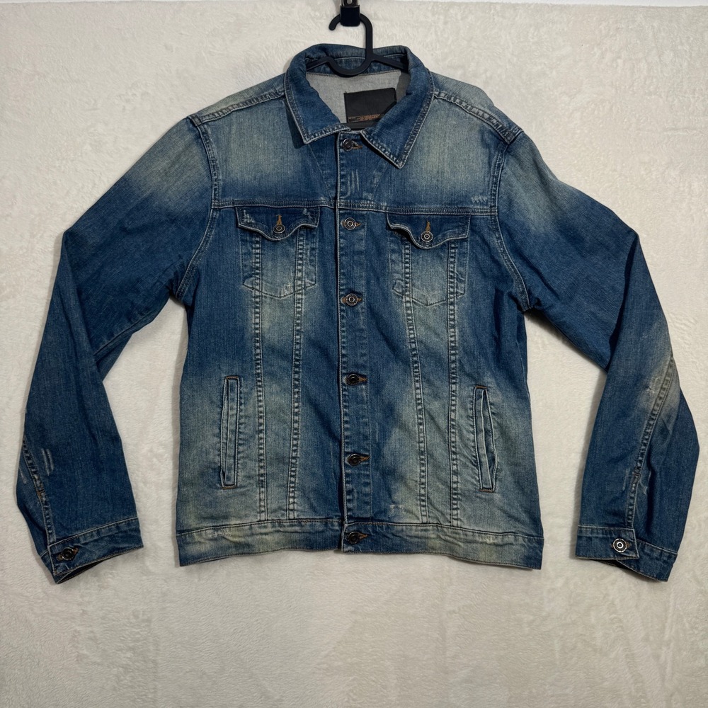 Zara Denim Jacket Mens Medium Blue Vintage Wash Trucker Stretch Pockets Distress